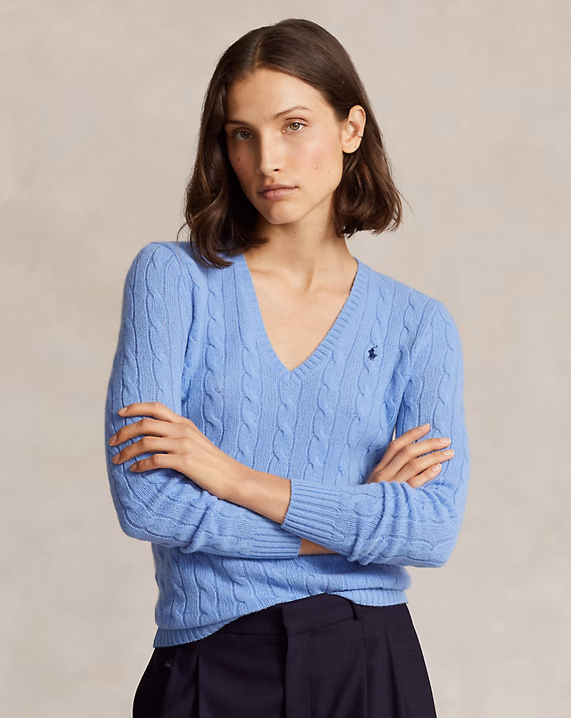 Ralph Lauren Cable-Knit Wool-Cashmere V-Neck Sweater