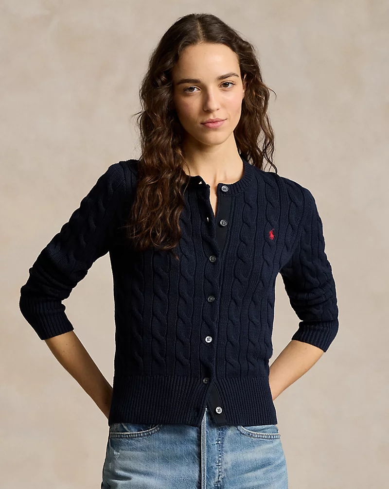 Cable-Knit Cotton Crewneck Cardigan