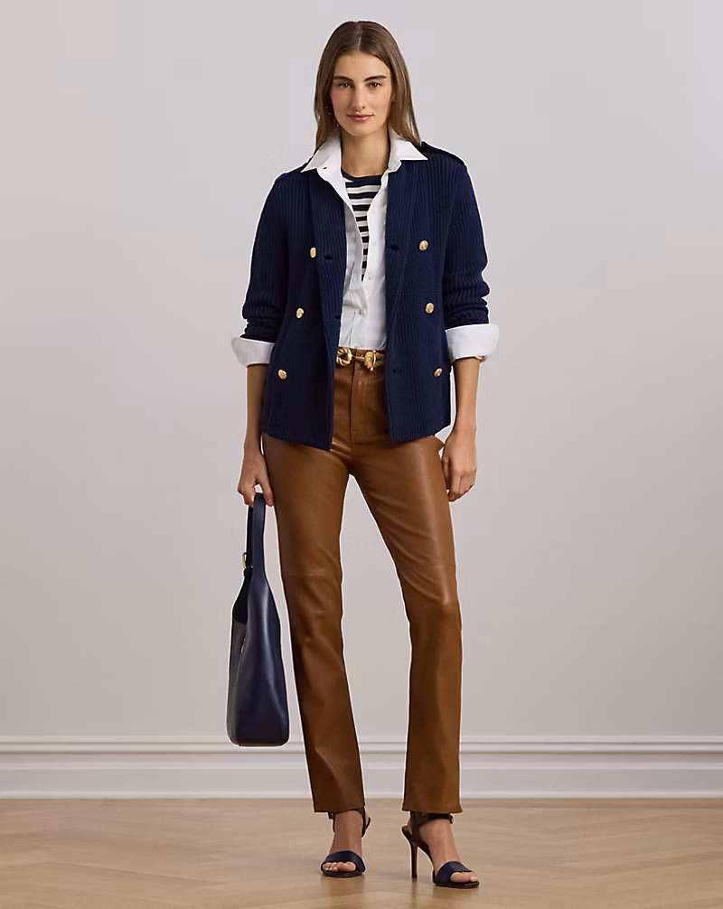 Rib-Knit Double-Breasted Sweater Jacket