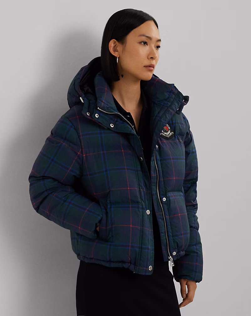 Plaid Beaded-Crest Down Coat