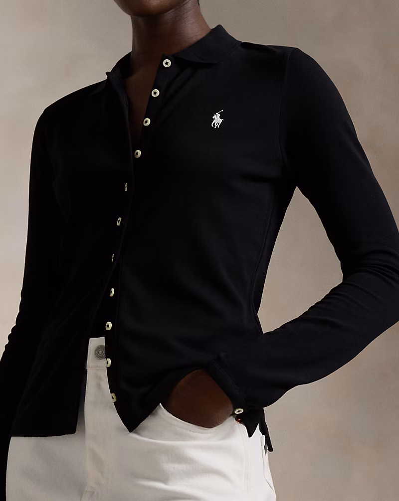 Buttoned-Placket Long-Sleeve Polo Shirt
