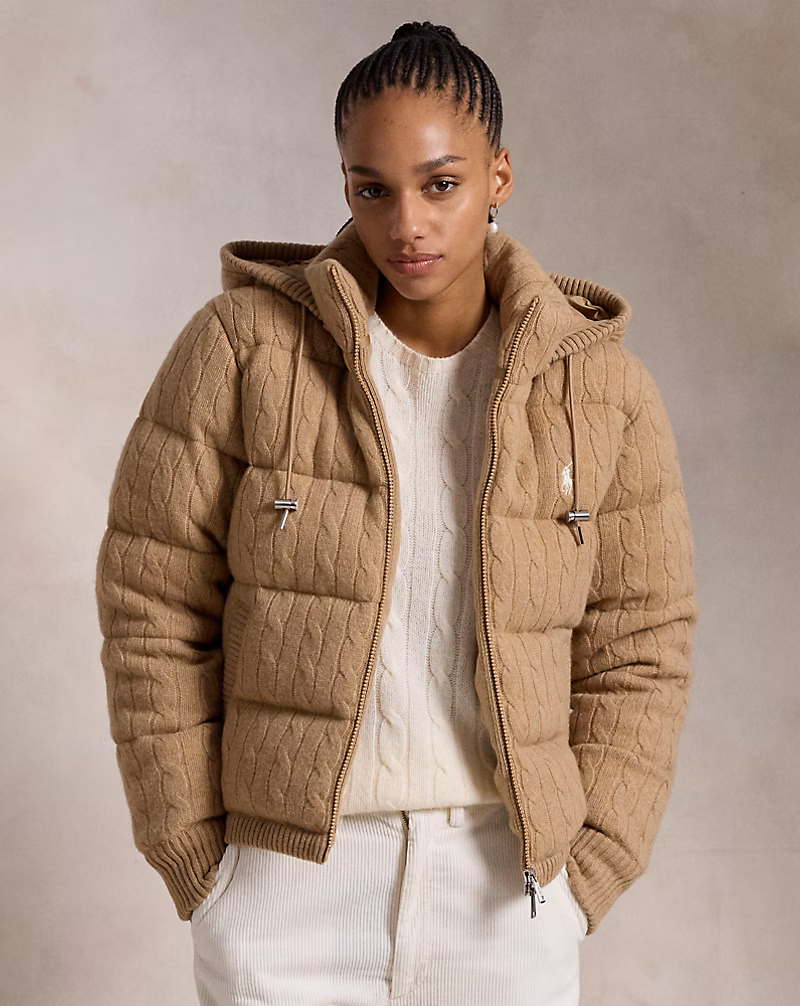 Cable-Knit Hooded Down Coat