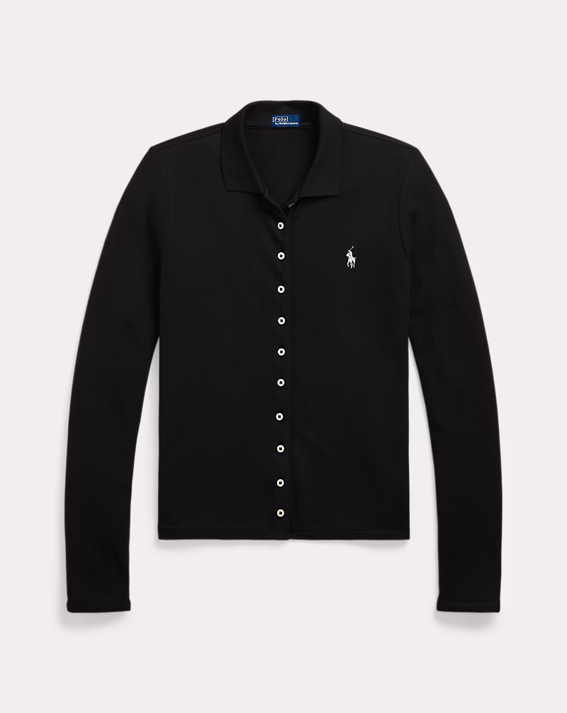 Buttoned-Placket Long-Sleeve Polo Shirt