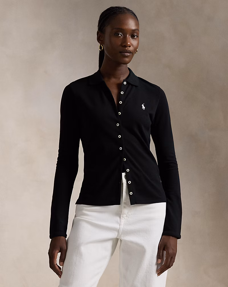 Buttoned-Placket Long-Sleeve Polo Shirt